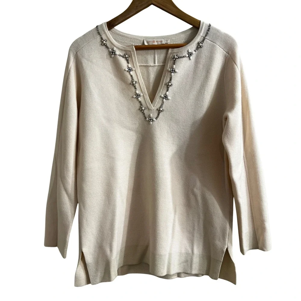 Tory Burch Embellished Merino Wool Sweater Cream Women Size M Crystal V-Neck